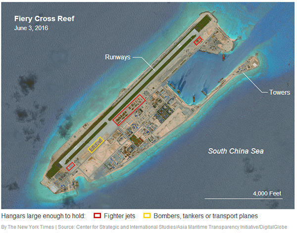 美智库:已在南海3岛礁建成机库 可停任何机